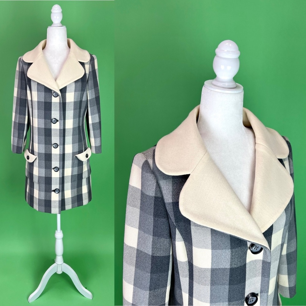Vintage 1960s Lilli Ann Ivory and Gray Plaid Coat - Size Small